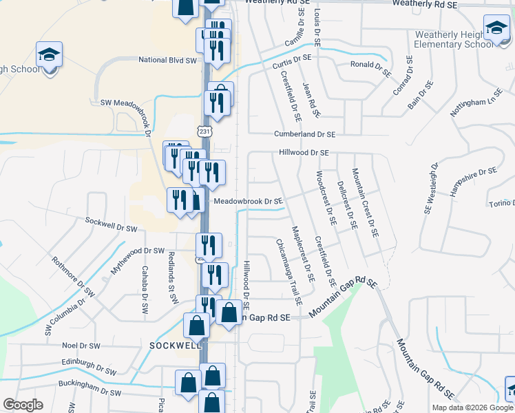 map of restaurants, bars, coffee shops, grocery stores, and more near 302 Meadowbrook Drive Southeast in Huntsville