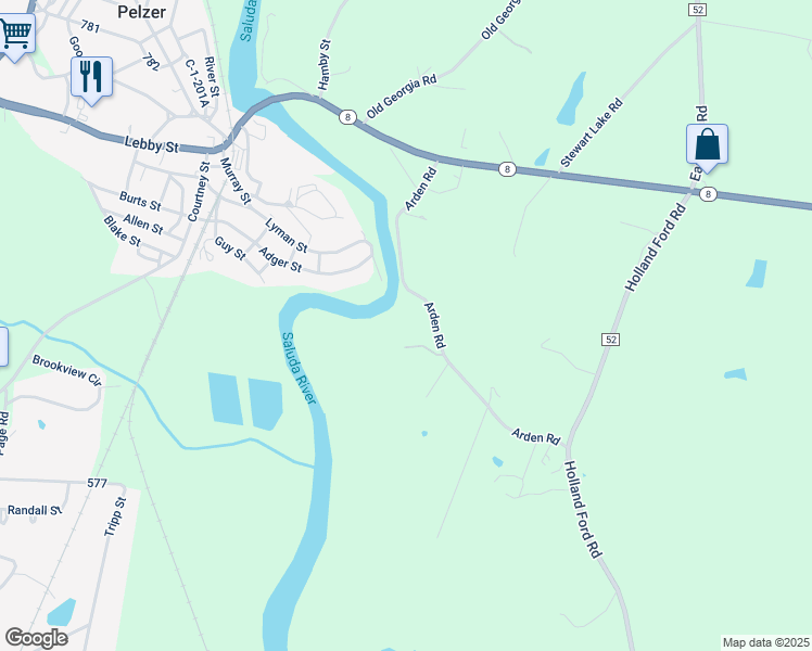 map of restaurants, bars, coffee shops, grocery stores, and more near 170 Arden Road in Pelzer
