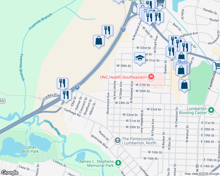 map of restaurants, bars, coffee shops, grocery stores, and more near 703 West 27th Street in Lumberton