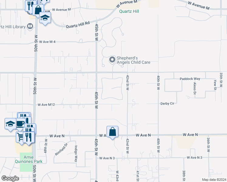 map of restaurants, bars, coffee shops, grocery stores, and more near 4340 West Avenue M10 in Lancaster
