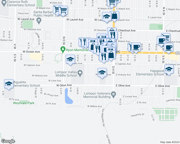 map of restaurants, bars, coffee shops, grocery stores, and more near 223 South K Street in Lompoc