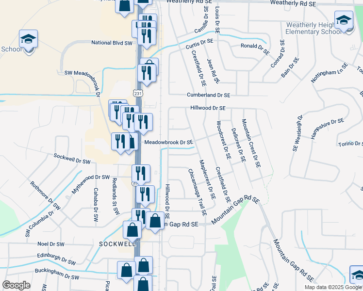 map of restaurants, bars, coffee shops, grocery stores, and more near 302 Meadowbrook Drive Southeast in Huntsville