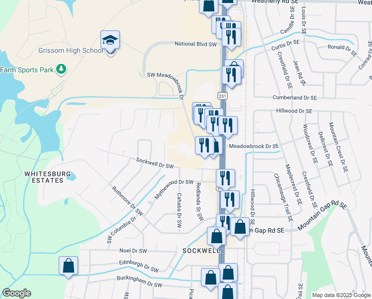 map of restaurants, bars, coffee shops, grocery stores, and more near 1935 Meadowbrook Drive Southeast in Huntsville