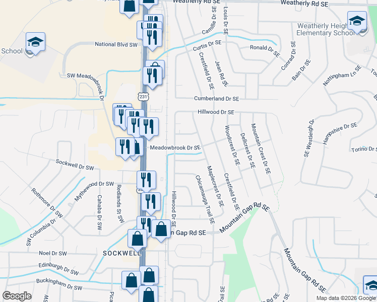 map of restaurants, bars, coffee shops, grocery stores, and more near 302 Meadowbrook Drive Southeast in Huntsville