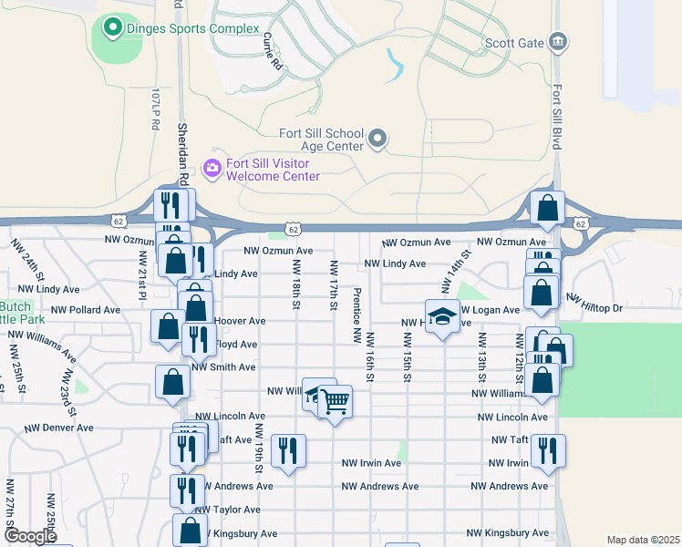 map of restaurants, bars, coffee shops, grocery stores, and more near 2801 Northwest 17th Street in Lawton