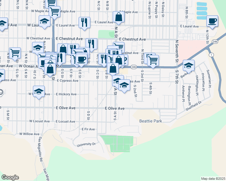 map of restaurants, bars, coffee shops, grocery stores, and more near 231 South A Street in Lompoc