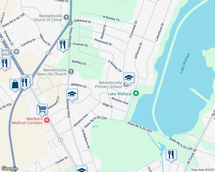 map of restaurants, bars, coffee shops, grocery stores, and more near 404 Thomas Street in Bennettsville