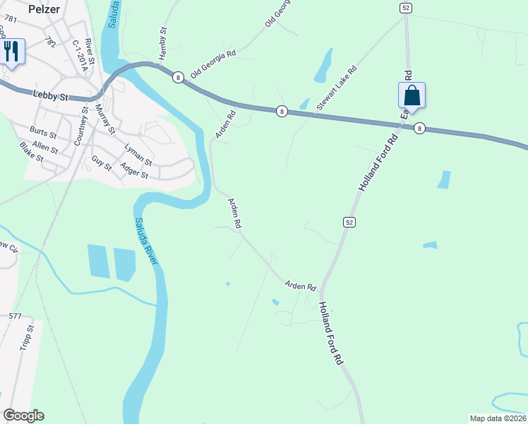 map of restaurants, bars, coffee shops, grocery stores, and more near 181 Arden Road in Pelzer