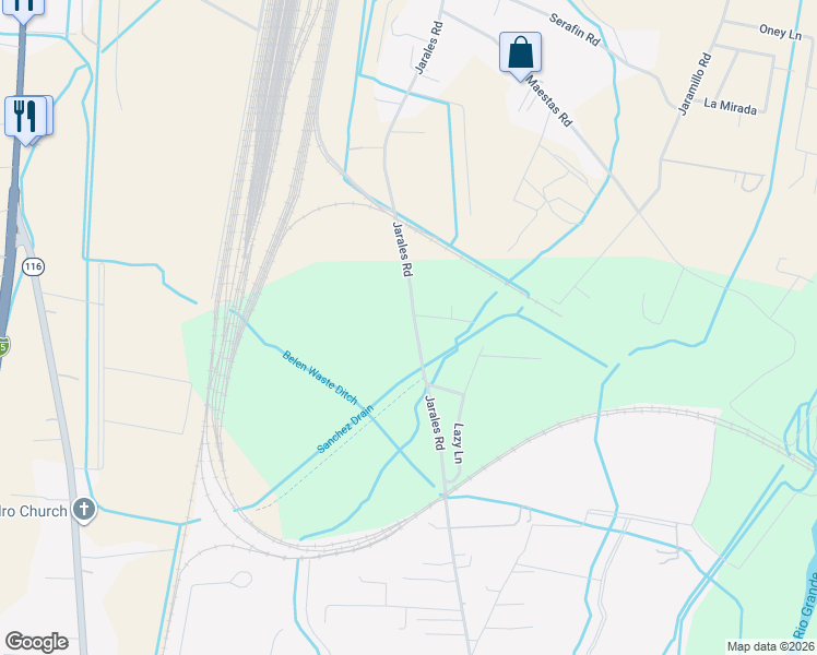 map of restaurants, bars, coffee shops, grocery stores, and more near 580 Jarales Road in Belen