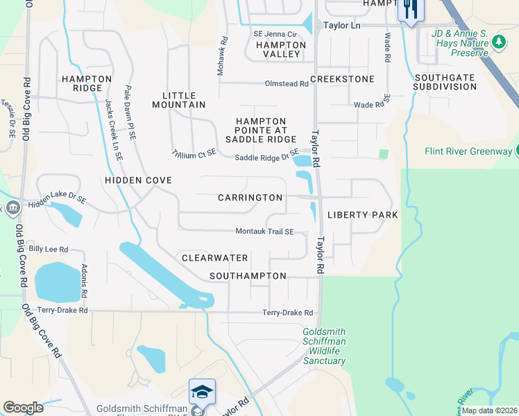 map of restaurants, bars, coffee shops, grocery stores, and more near 4712 Carrington Boulevard Southeast in Owens Cross Roads