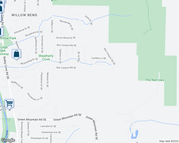 map of restaurants, bars, coffee shops, grocery stores, and more near 3014 Box Canyon Road Southeast in Huntsville