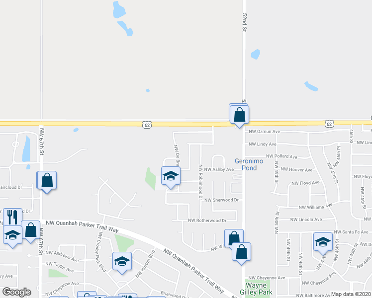map of restaurants, bars, coffee shops, grocery stores, and more near 2616 Northwest Locksley Lane in Lawton