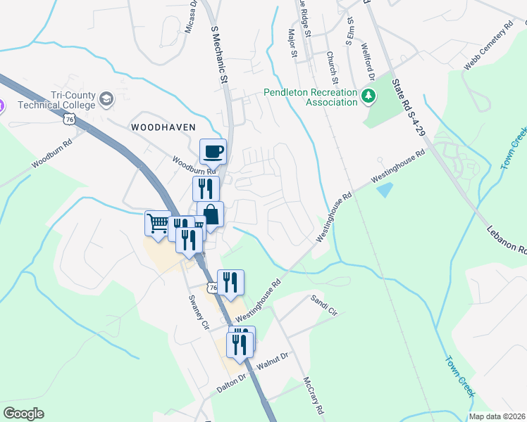 map of restaurants, bars, coffee shops, grocery stores, and more near 198 Crooked Cedar Way in Pendleton