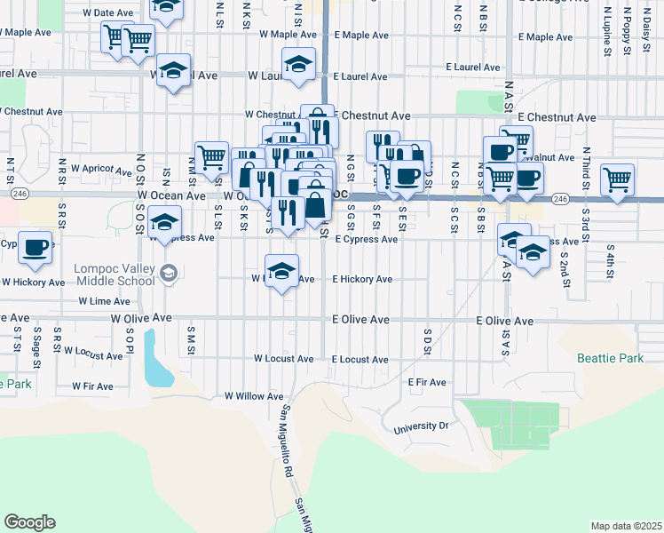 map of restaurants, bars, coffee shops, grocery stores, and more near 222 South H Street in Lompoc