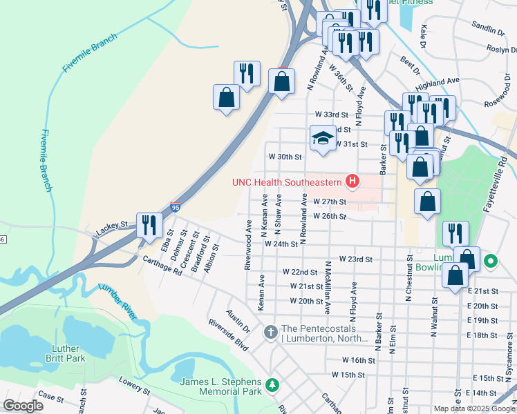 map of restaurants, bars, coffee shops, grocery stores, and more near 703 West 27th Street in Lumberton