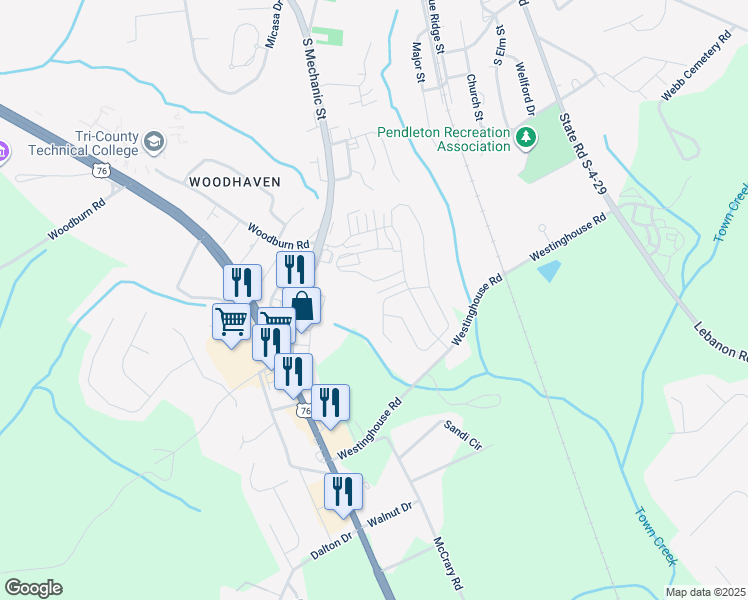 map of restaurants, bars, coffee shops, grocery stores, and more near 198 Crooked Cedar Way in Pendleton
