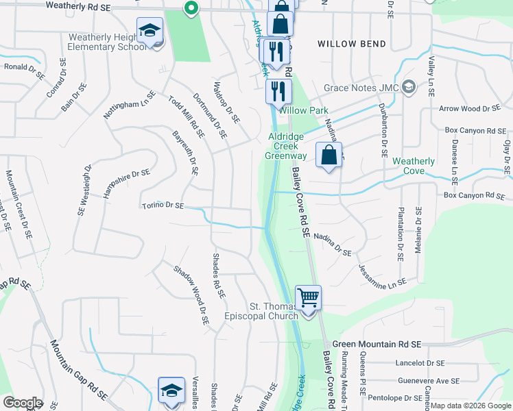 map of restaurants, bars, coffee shops, grocery stores, and more near 9731 Wallwood Drive Southeast in Huntsville