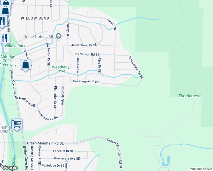 map of restaurants, bars, coffee shops, grocery stores, and more near 3020 Box Canyon Road Southeast in Huntsville