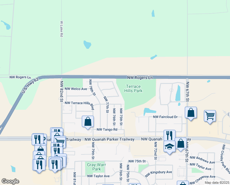 map of restaurants, bars, coffee shops, grocery stores, and more near 2704 Northwest 75th Street in Lawton