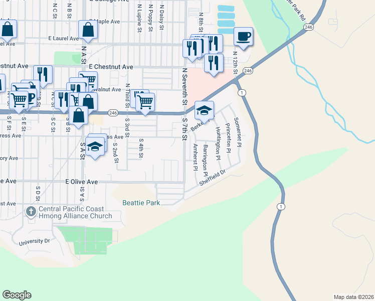 map of restaurants, bars, coffee shops, grocery stores, and more near 225 Amherst Place in Lompoc