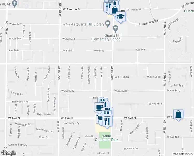 map of restaurants, bars, coffee shops, grocery stores, and more near 41458 Yancey Lane in Lancaster