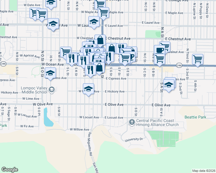map of restaurants, bars, coffee shops, grocery stores, and more near 222 South H Street in Lompoc