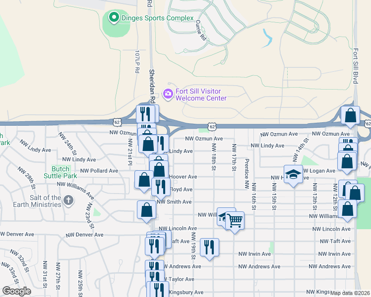 map of restaurants, bars, coffee shops, grocery stores, and more near 1909 Northwest Lindy Avenue in Lawton