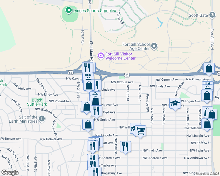 map of restaurants, bars, coffee shops, grocery stores, and more near 1909 Northwest Lindy Avenue in Lawton