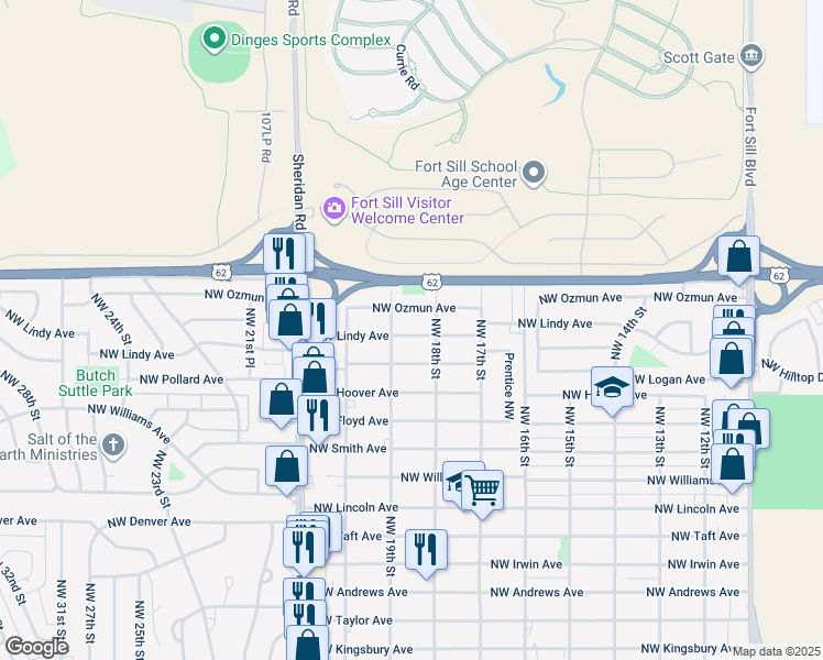 map of restaurants, bars, coffee shops, grocery stores, and more near 1811 Northwest Lindy Avenue in Lawton