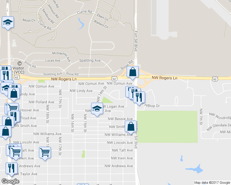 map of restaurants, bars, coffee shops, grocery stores, and more near 2812 Northwest Lynn Circle in Lawton