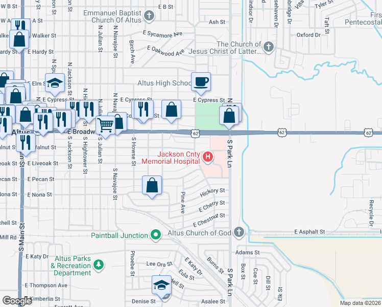 map of restaurants, bars, coffee shops, grocery stores, and more near 1044 East Walnut Street in Altus