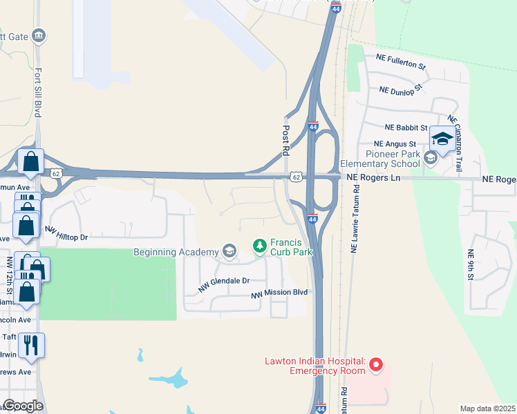 map of restaurants, bars, coffee shops, grocery stores, and more near 208 Northwest Mimosa Lane in Lawton