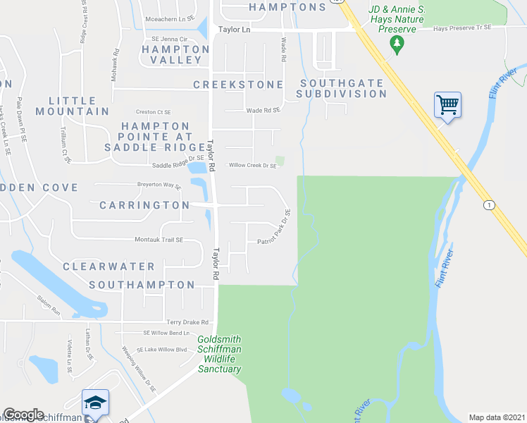 map of restaurants, bars, coffee shops, grocery stores, and more near 5018 Liberty Park Circle Southeast in Owens Cross Roads