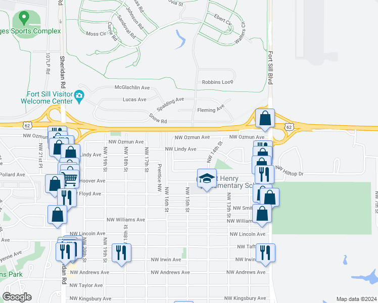map of restaurants, bars, coffee shops, grocery stores, and more near 1420 Northwest Lindy Avenue in Lawton