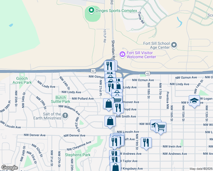 map of restaurants, bars, coffee shops, grocery stores, and more near 2807 Northwest 21st Place in Lawton