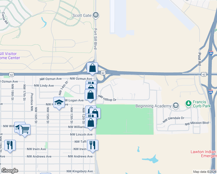 map of restaurants, bars, coffee shops, grocery stores, and more near 926 Northwest Runyon Road in Lawton
