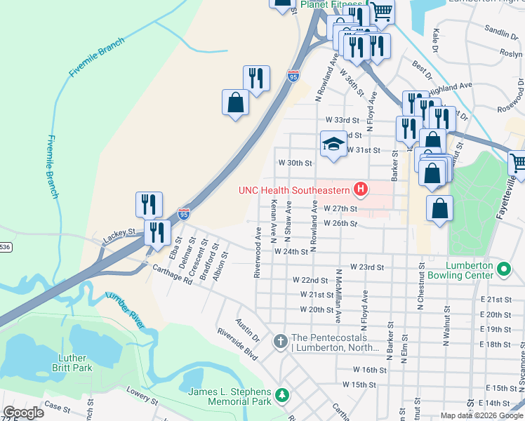 map of restaurants, bars, coffee shops, grocery stores, and more near 703 West 27th Street in Lumberton