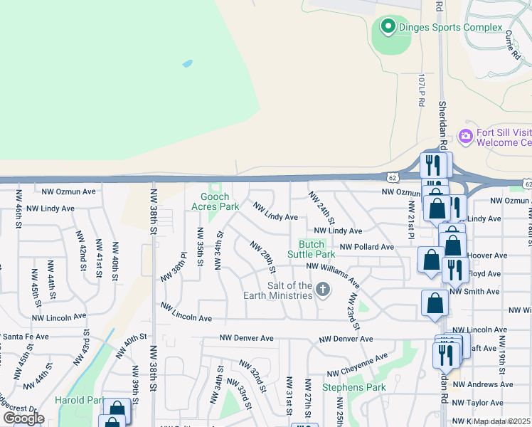 map of restaurants, bars, coffee shops, grocery stores, and more near Northwest Lindy Avenue in Lawton