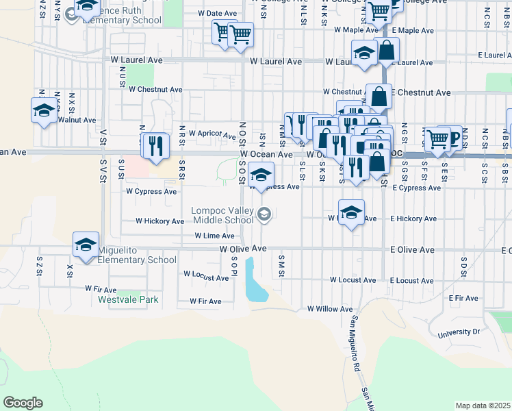 map of restaurants, bars, coffee shops, grocery stores, and more near 222 South O Street in Lompoc