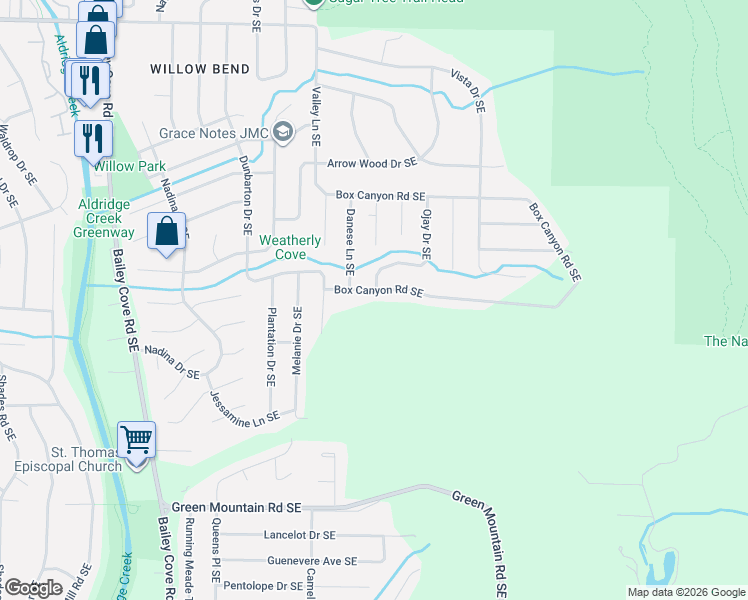 map of restaurants, bars, coffee shops, grocery stores, and more near 3042 Box Canyon Road Southeast in Huntsville