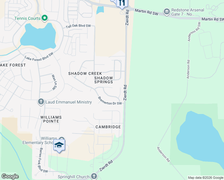 map of restaurants, bars, coffee shops, grocery stores, and more near 128 Cloverwood Drive Southwest in Huntsville