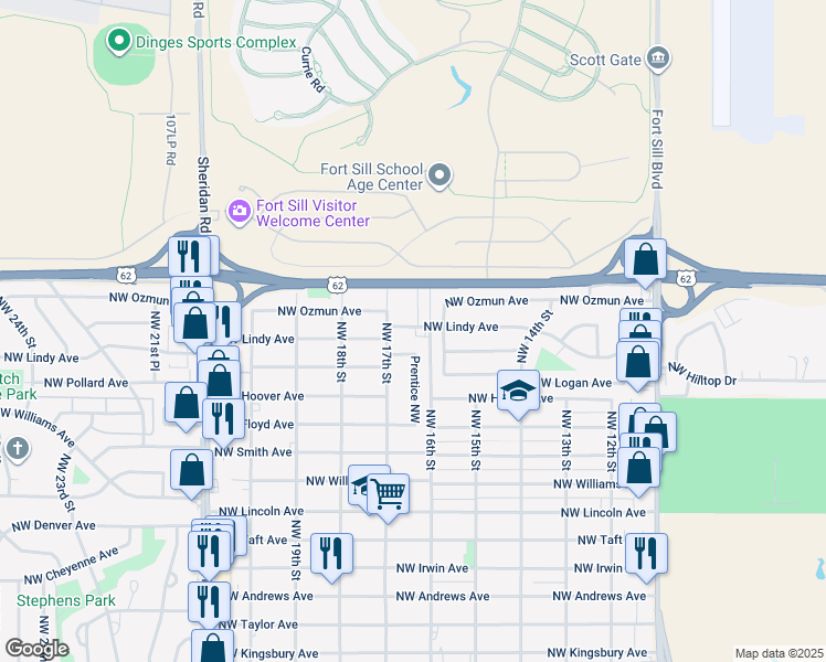 map of restaurants, bars, coffee shops, grocery stores, and more near 1602 Northwest Lindy Avenue in Lawton