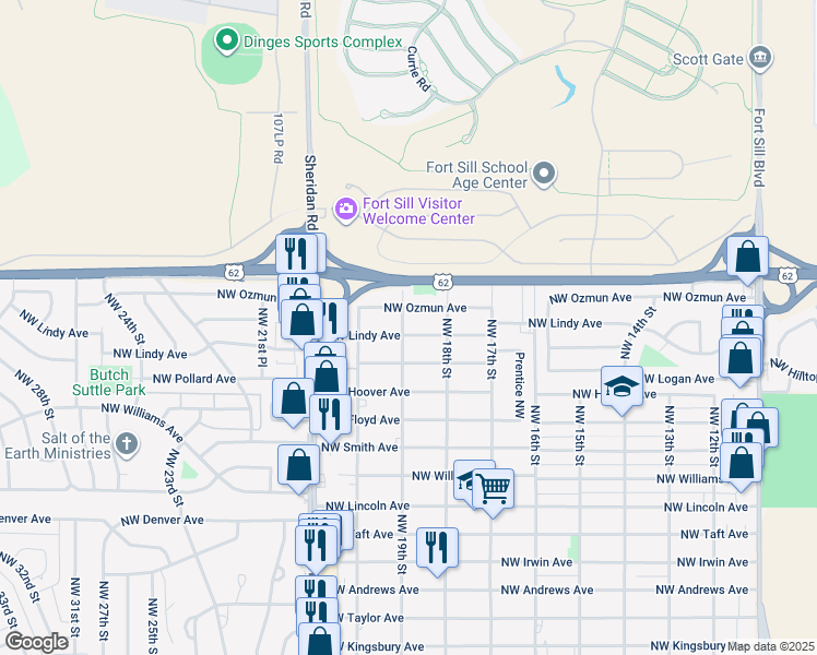 map of restaurants, bars, coffee shops, grocery stores, and more near 1811 Northwest Lindy Avenue in Lawton