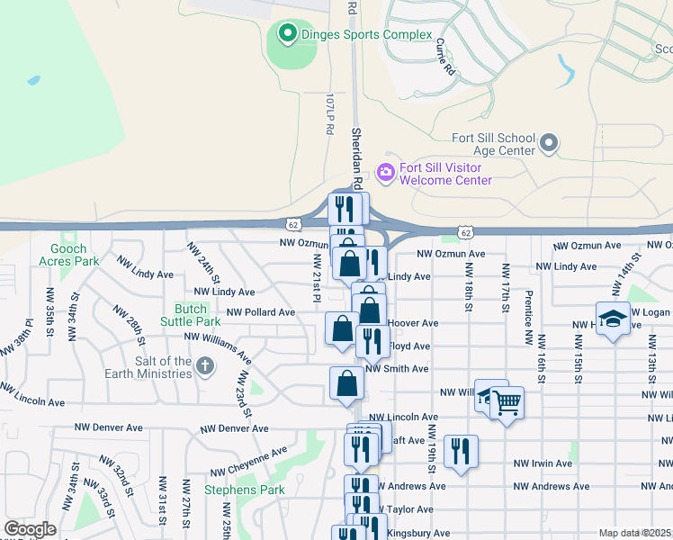 map of restaurants, bars, coffee shops, grocery stores, and more near 2807 Northwest 21st Place in Lawton