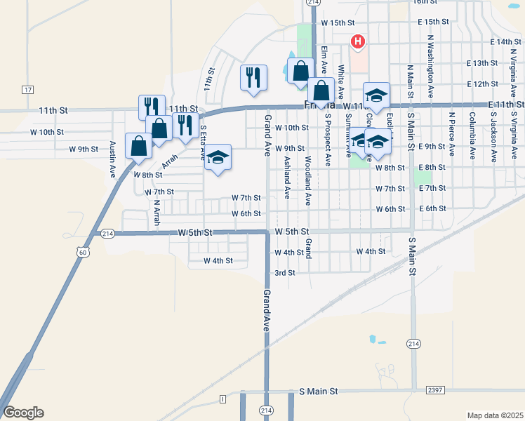 map of restaurants, bars, coffee shops, grocery stores, and more near 603-699 Grand Avenue in Friona