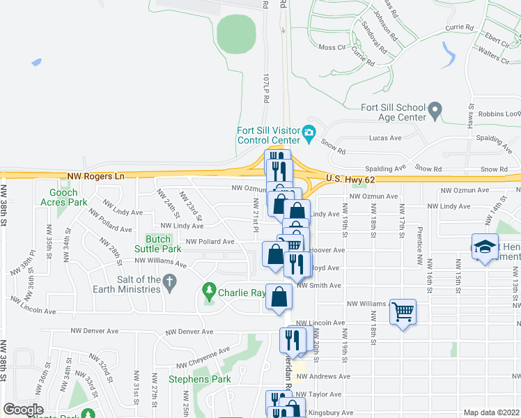 map of restaurants, bars, coffee shops, grocery stores, and more near 2807 Northwest 21st Place in Lawton