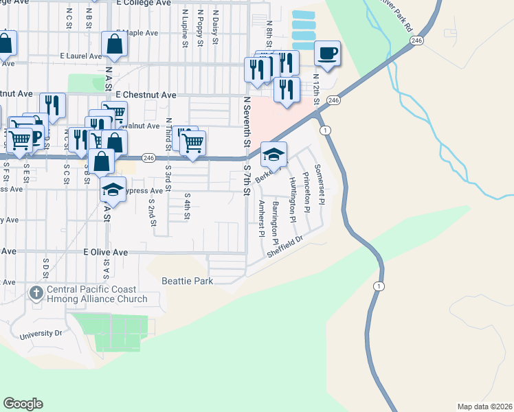 map of restaurants, bars, coffee shops, grocery stores, and more near 225 Amherst Place in Lompoc