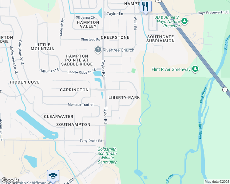 map of restaurants, bars, coffee shops, grocery stores, and more near 5006 Liberty Park Circle Southeast in Owens Cross Roads