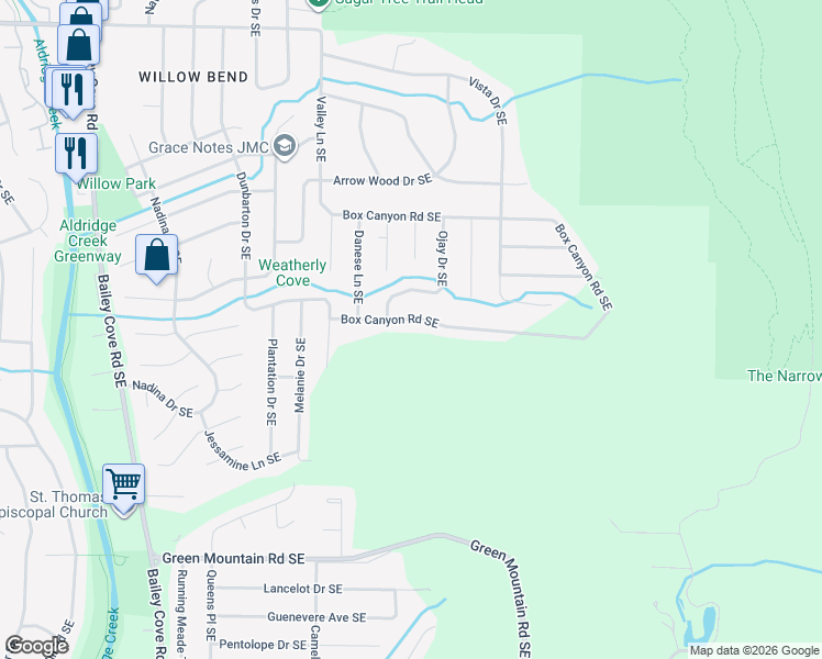 map of restaurants, bars, coffee shops, grocery stores, and more near 3034 Box Canyon Road Southeast in Huntsville