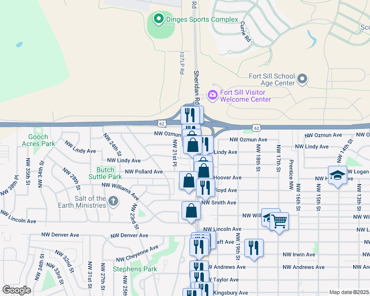 map of restaurants, bars, coffee shops, grocery stores, and more near 2111 Northwest Lindy Avenue in Lawton